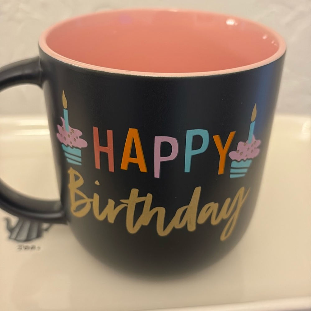 Happy birthday 🎈🎂 dual sided mug  hooray inside  ceramic black/ light pink
